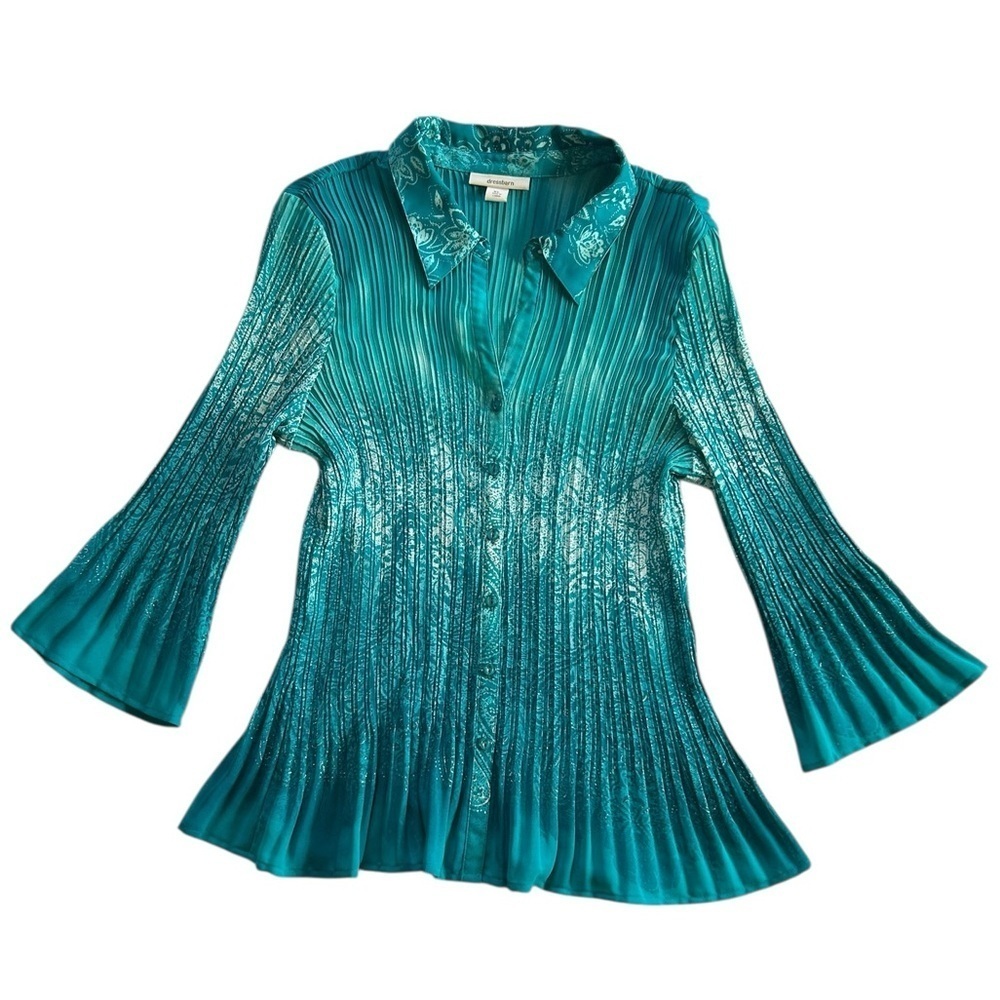 Vintage Y2K 3/4 Bell Sleeve Teal Pleated Blouse Sparkly Accents XL Whimsygoth